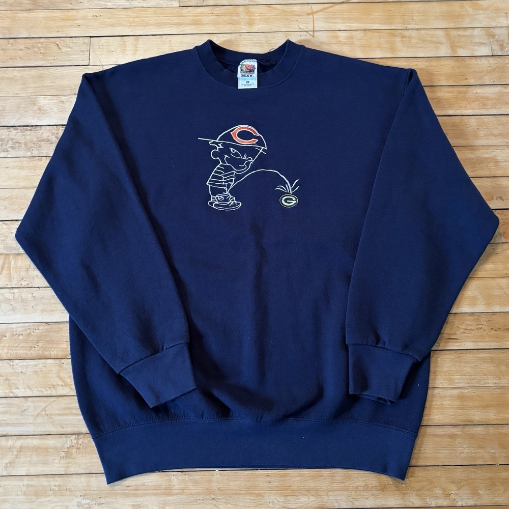 VTG Chicago Bears Calvin Hobbes Peeing Packers Crewneck Sweatshirt Size XL